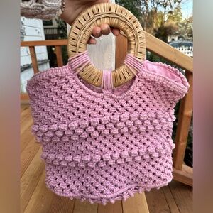 Free people CleoBella Pink Crochet Handbag with bamboo Wooden Handles beach tote